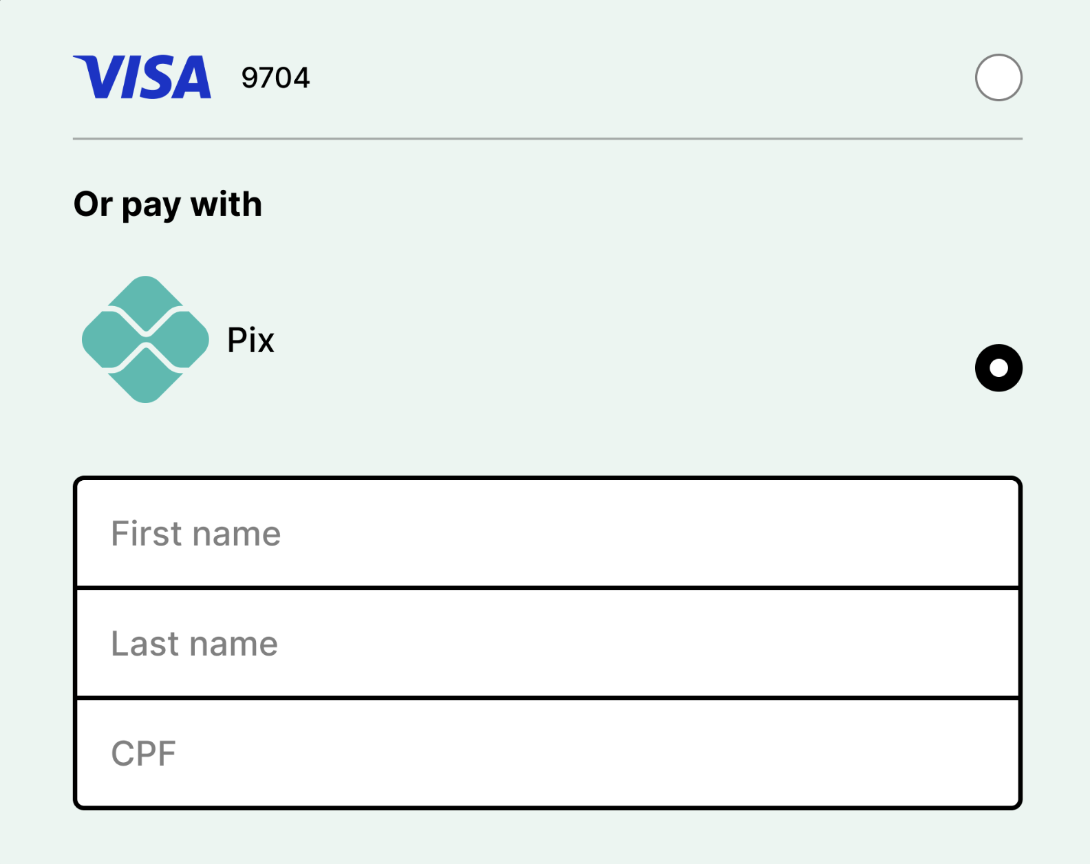 Checkout example: Visa card entry and Or pay with Pix option
