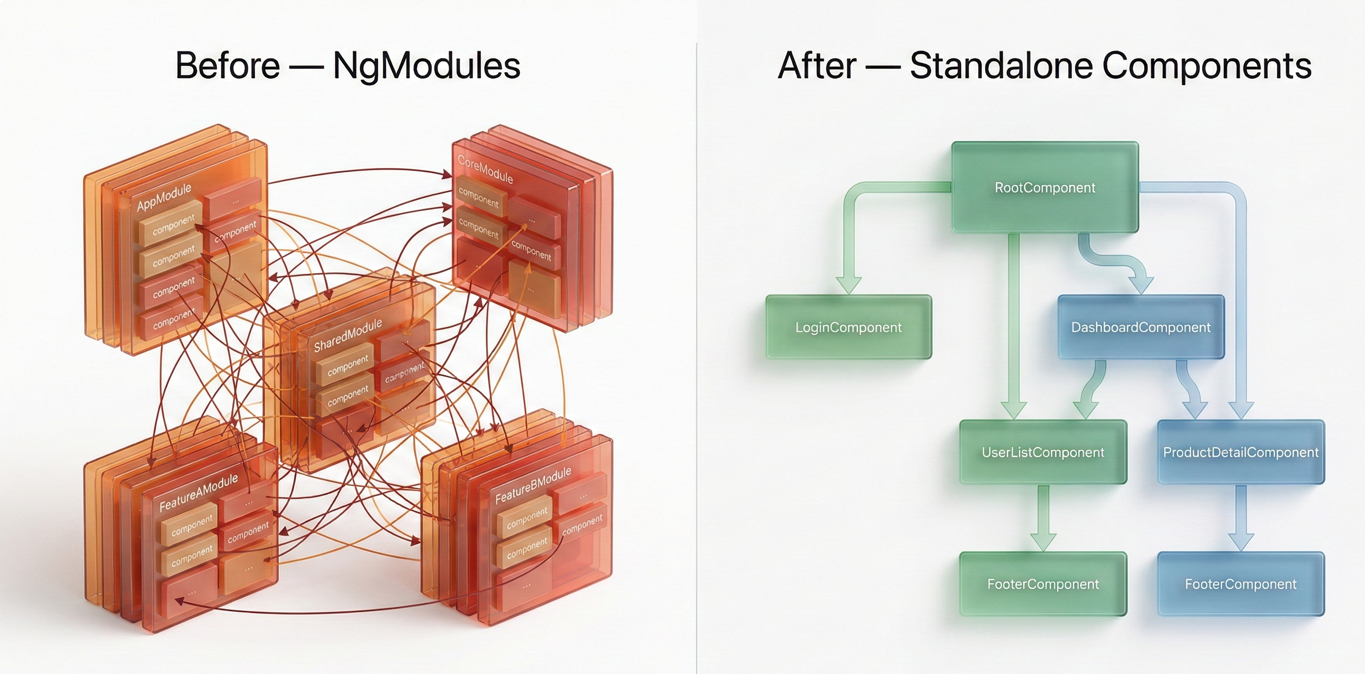 Schéma comparant la détection de changement par défaut (tout l'arbre) et OnPush (sous-arbre ciblé)