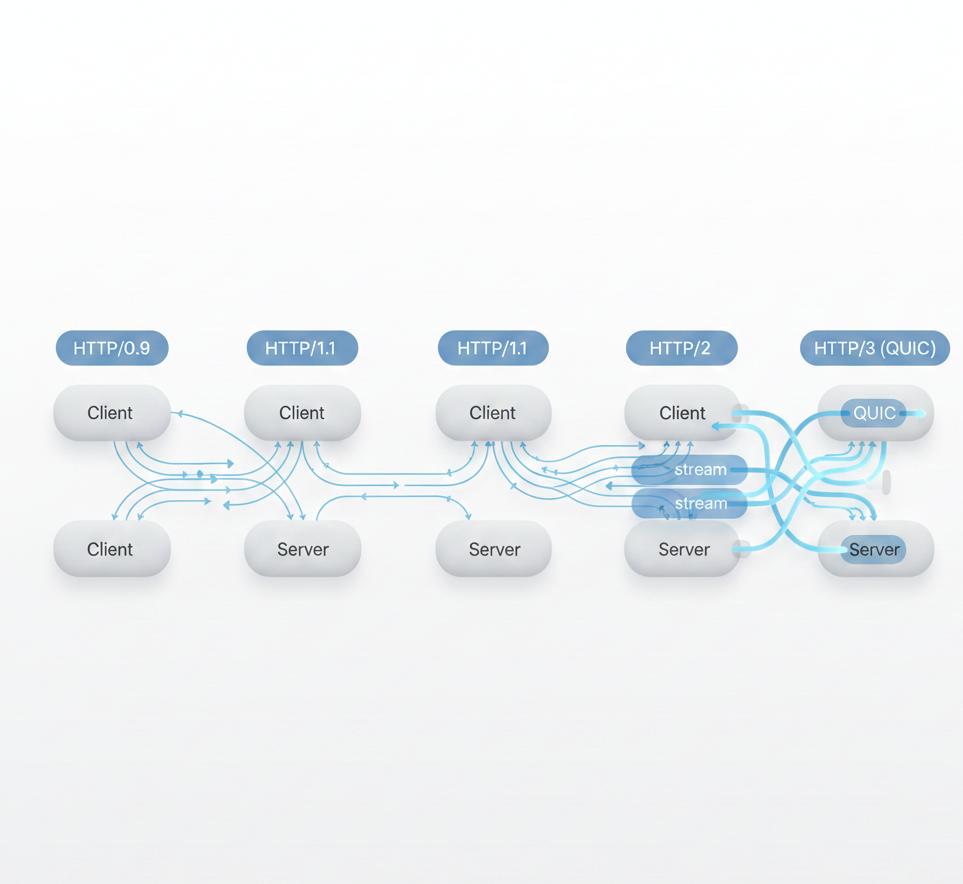 Diagramme chronologique montrant l'évolution HTTP de 1.0 à 3.0 avec les fonctionnalités clés de chaque version