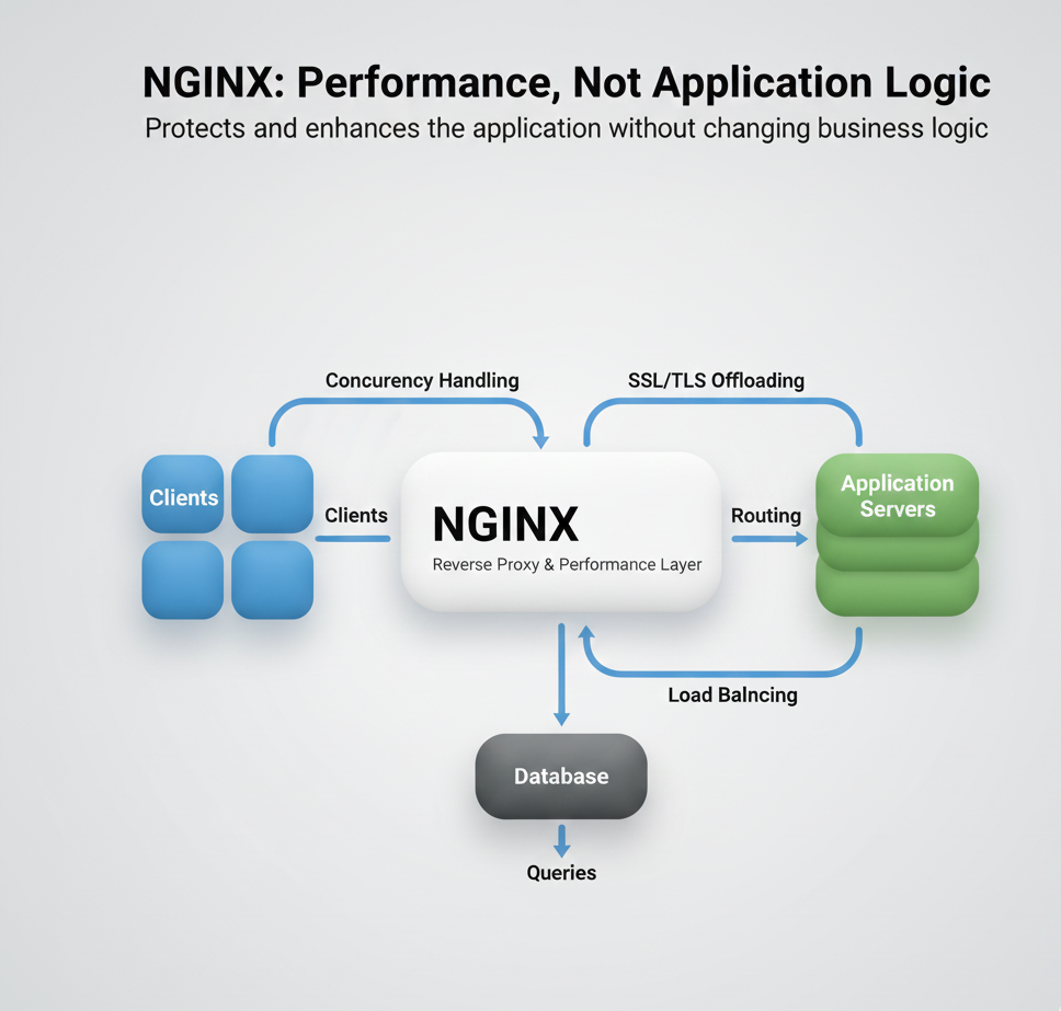 Diagramme d'architecture montrant le reverse proxy Nginx avec connexions worker, serveurs en amont et relations de métriques