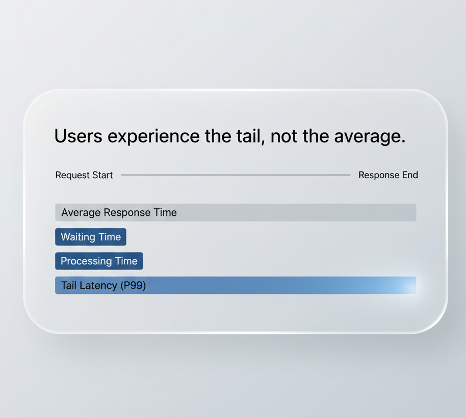 Graphique de distribution du temps de réponse montrant les percentiles P50, P95, P99 avec latence de queue mise en évidence