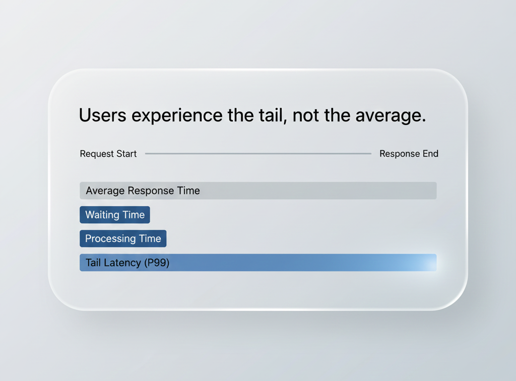 Graphique de distribution du temps de réponse montrant les percentiles P50, P95, P99 avec latence de queue mise en évidence